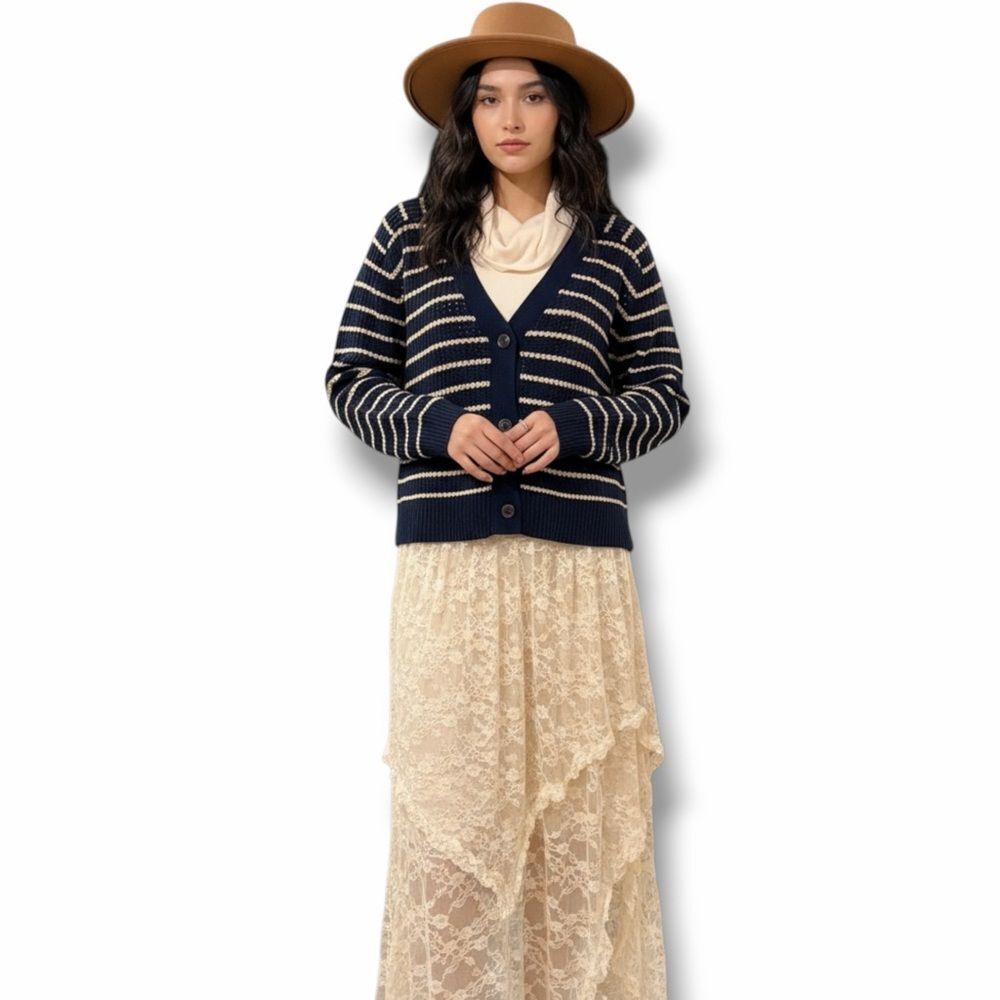 Navy Tan Striped Button Up Knitted Cardigan Sweater - Plus Size 1X NWT - Picture 1 of 3